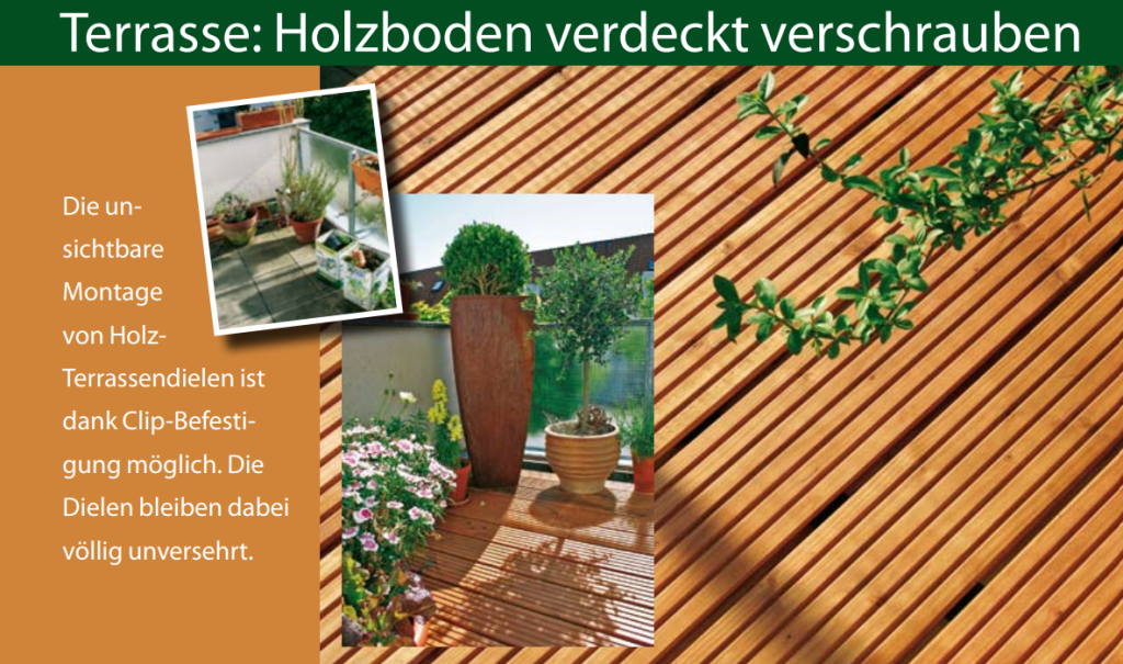 Ansicht von oben auf einen Terrassen Holzboden mit zwei weiteren Bildern aus der Schritt für Schritt Anleitung.