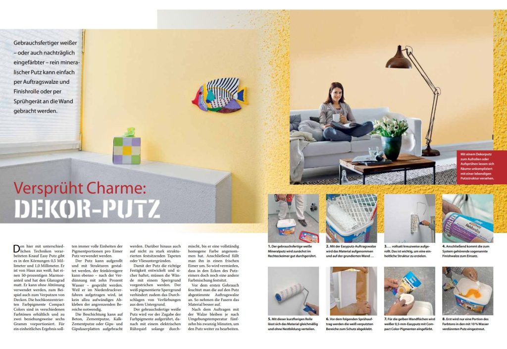 DIY Anleitung, um farbigen Dekorputz aufzutragen, mit Bildern und schriftlicher Anleitung.