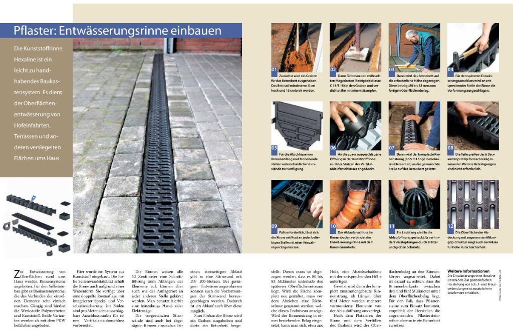 DIY Anleitung, um eine Entwässerungsrinne einzubauen mit Bildern und schriftlicher Anleitung.