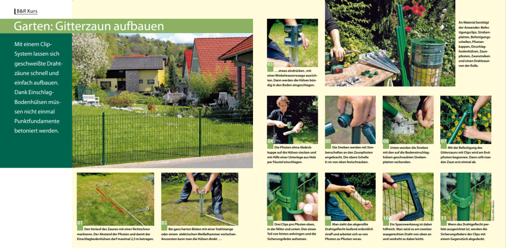 Schritt für Schritt Anleitung als Bildergalerie um einen Gitterzaun im Garten anzubauen.