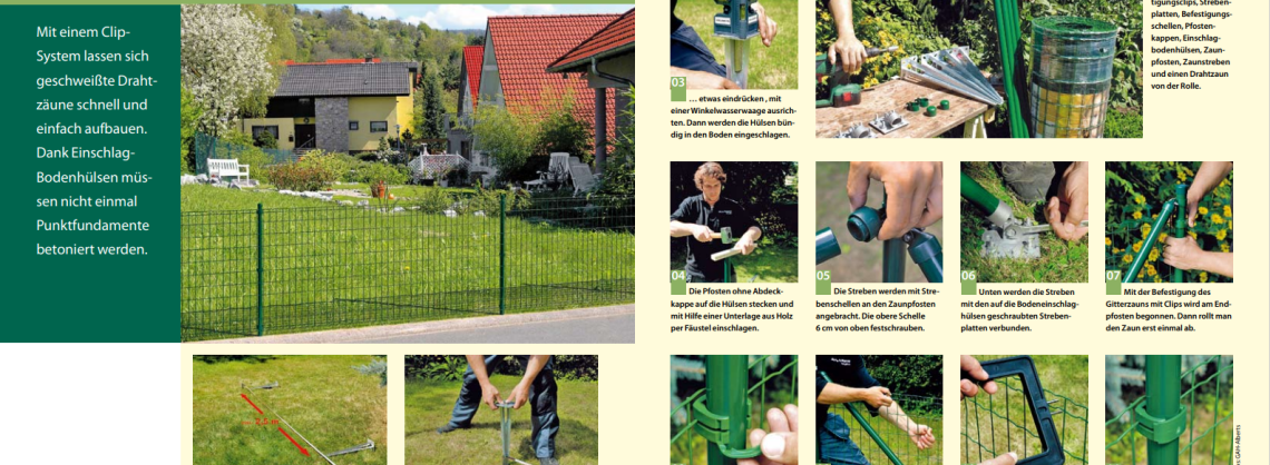 Schritt für Schritt Anleitung als Bildergalerie um einen Gitterzaun im Garten anzubauen.