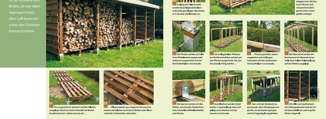 DIY Anleitung zum Bauen eines Holzlagers mit Bildern und einer schriftlichen Anleitung.