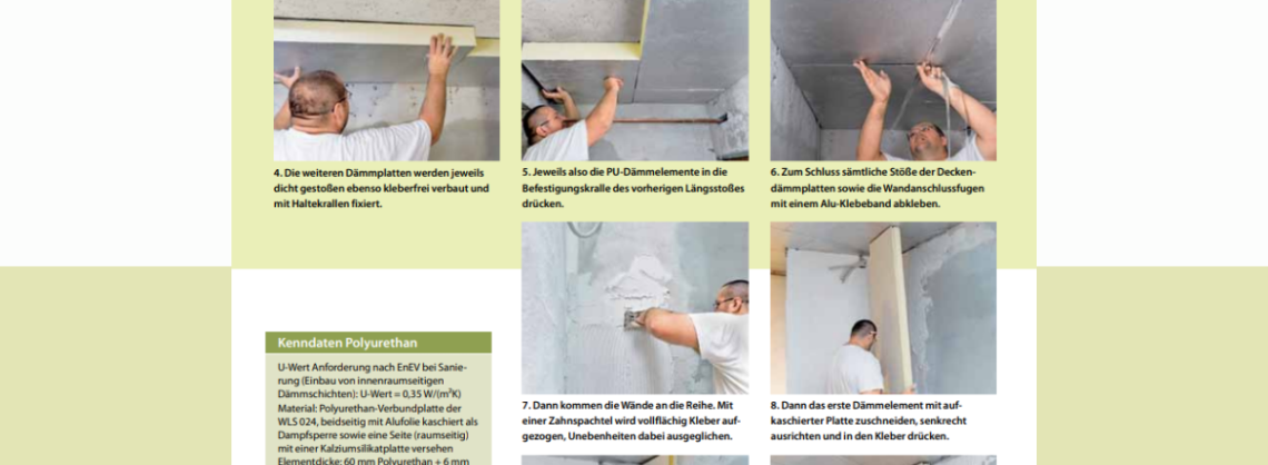 Anleitung einer Keller Dämmung anhand einer Bilderserie. Darauf ist zu sehen, welche Schritte der Handwerker durchführt.