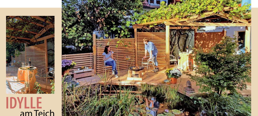 Terrasse mit großer Pergola 1 Schritt für Schritt Anleitung Pergola Bau. Ein Paar - Mann und Frau - sitzen auf der Holz Terrasse, umgeben von Gartengewächsen.