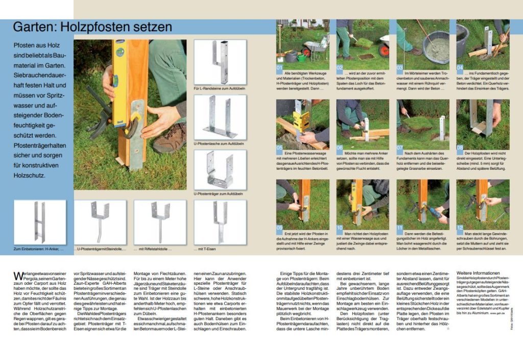 DIY Anleitung zum Setzen eines Holzpfostens mit Bildern und schriftlicher Anleitung.
