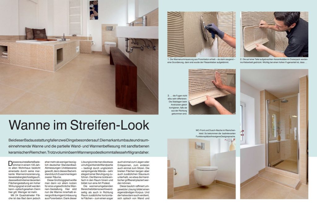 DIY Anleitung zum Fliesen einer Wanne mit Streifenfliesen, mit Bildern und schriftlicher Beschreibung