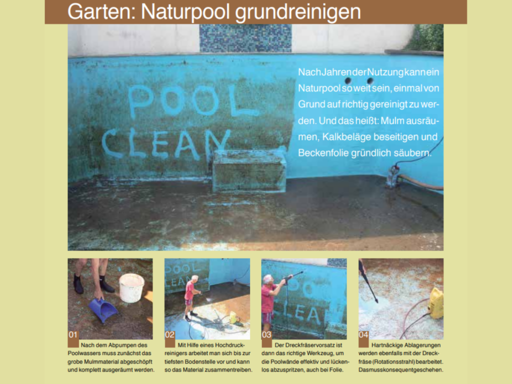 Übersicht der Anleitungsbilder bei einer Poolreinigung. Schmutzige Poolinnenwand ist sichtbar.