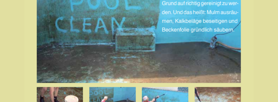 Übersicht der Anleitungsbilder bei einer Poolreinigung. Schmutzige Poolinnenwand ist sichtbar.