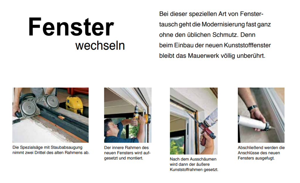 Fenster wechseln 1 Bildanleitung wie ein Fenster gewechselt wird. Zu sehen ist unter anderem ein Handwerker, der ein Fenster aufsetzt und montiert.