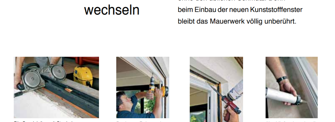 Bildanleitung wie ein Fenster gewechselt wird. Zu sehen ist unter anderem ein Handwerker, der ein Fenster aufsetzt und montiert.
