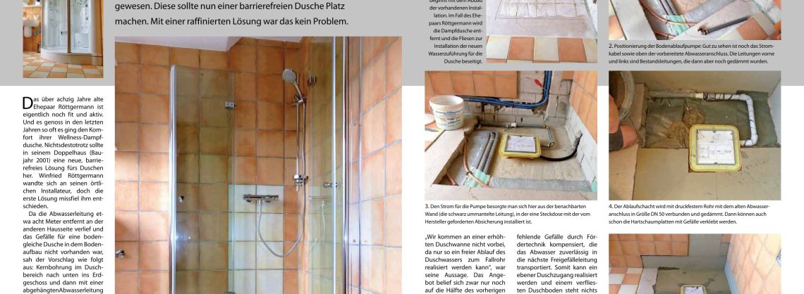Baureportage einer ebenerdigen Dusche mit Bildern und schriftlicher Beschreibung