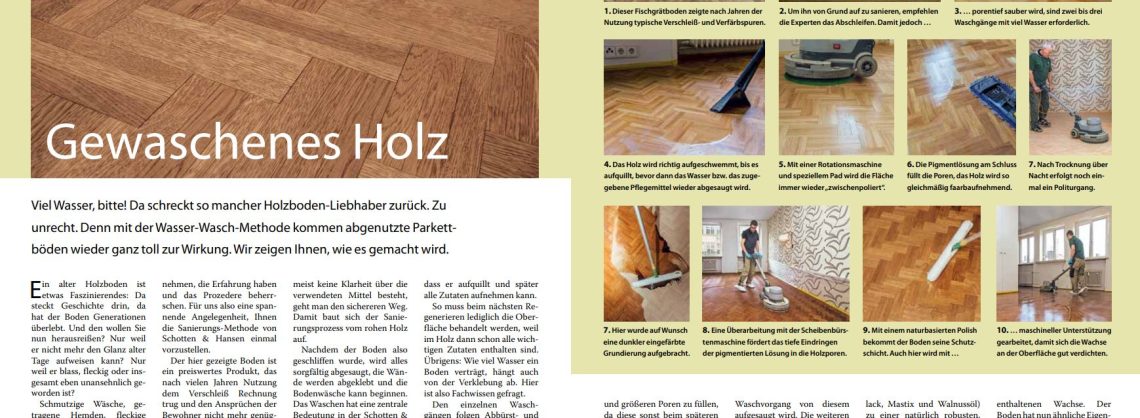 Anleitung zum Abschleifen eines Parkettbodens und der anschließenden Wasser-Wasch-Methode und der Versiegelung mit Wachs, inklusive Bildern und schriftlicher Beschreibung