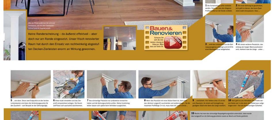 Schritt für Schritt Anleitung zum Anbringen von Deckenleisten mit Fotos und textlicher Erklärung, um es als Do it yourself zu erledigen
