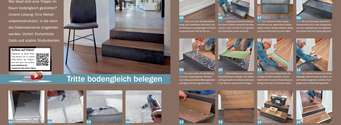 Bildergalerie zur Schritt für Schritt Anleitung um eine Stahltreppe bodengleich zu belegen.