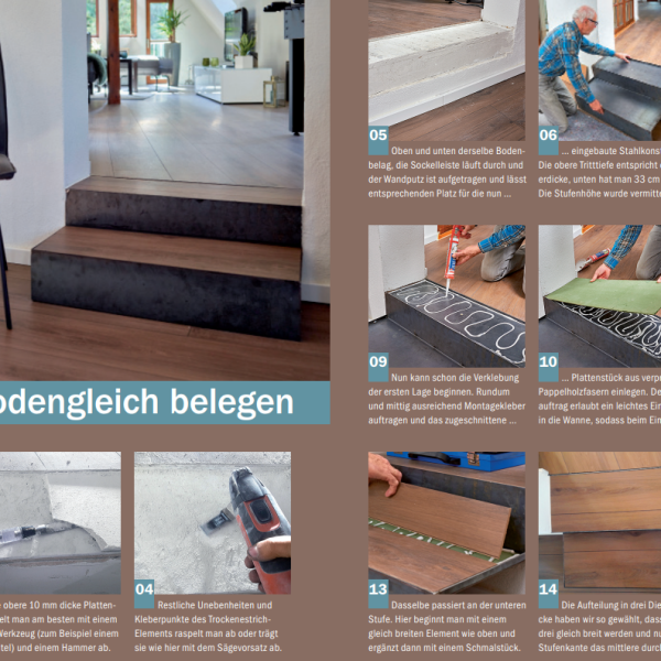 Bildergalerie zur Schritt für Schritt Anleitung um eine Stahltreppe bodengleich zu belegen.