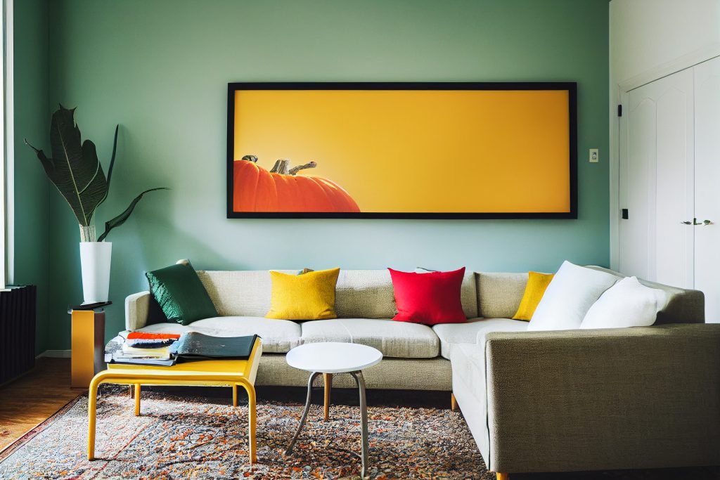 Farbiges Wohnzimmer mit grüner Wand, gelbem Wandbild und einem großen grauen Ecksofa mit gelben und roten Kissen. An der Wand ist ein großer Wandschrank und eine grüne Zimmerpflanze.