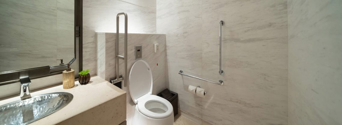 Barrierefreies modernes Badezimmer in beige, Toilette mit Hilfsgriffen und ein niedriges Waschbecken mit Spiegel.