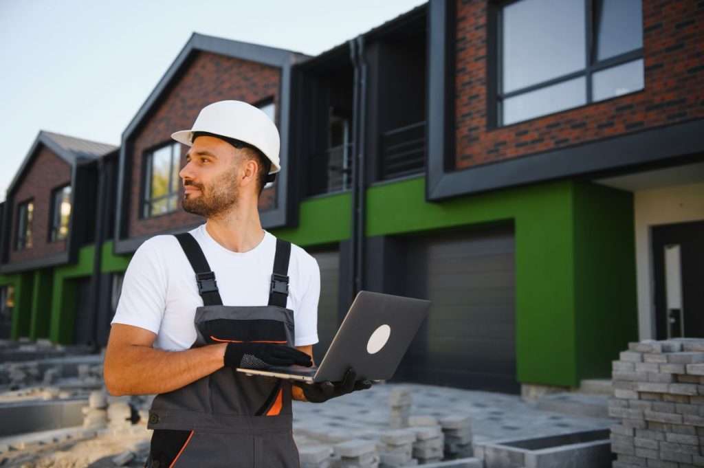 Handwerker vor Gebäude mit Laptop 