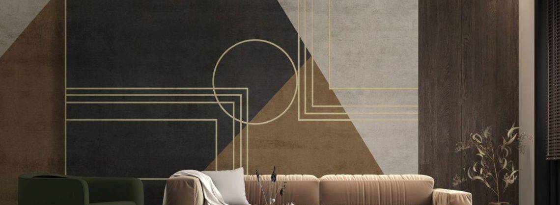 Geometrische-Fototapete-in-Brauntoenen-im-Wohnzimmer