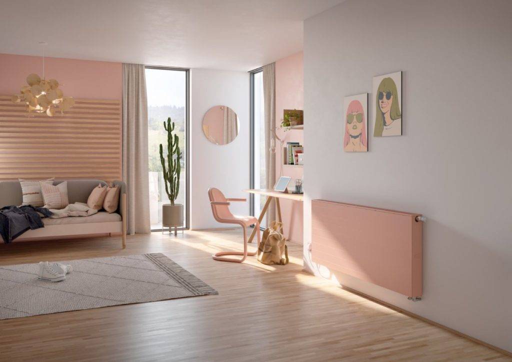 Altbau heizen_Kermi_x-flair Line Noble Pink_x-well DesignBodenluftauslass Eiche