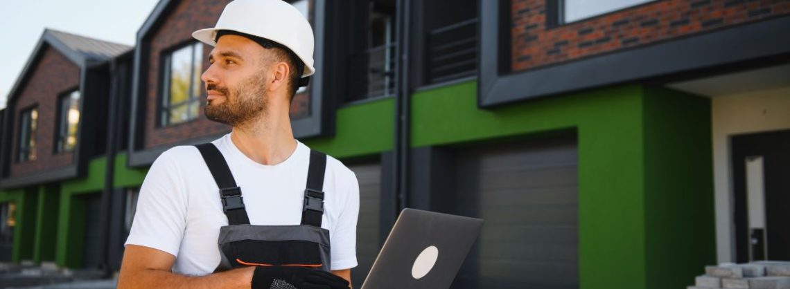 Handwerker vor Gebäude mit Laptop Envato elements sedrik2007