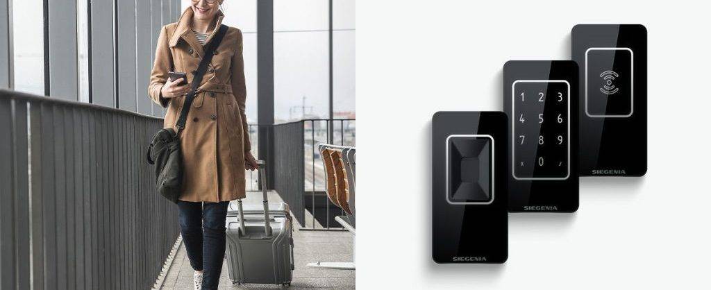 Frau mit Trolley und Smartphone in der Hand und Elementen eines Smarthomes.